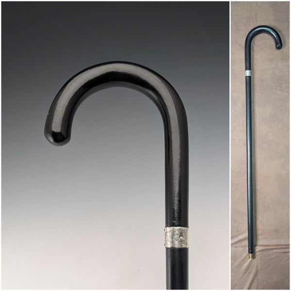 1944年 英国ヴィンテージ ブラックシャフト 曲がりハンドル 純銀装飾 ステッキ 杖 83cm K&SLD