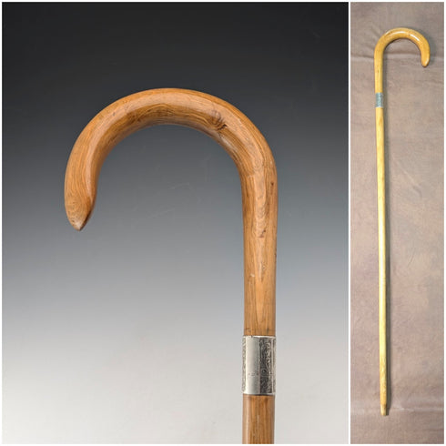 1923 British antique tan shaft, curved handle, pure silver decoration, walking stick, 91cm, K&S