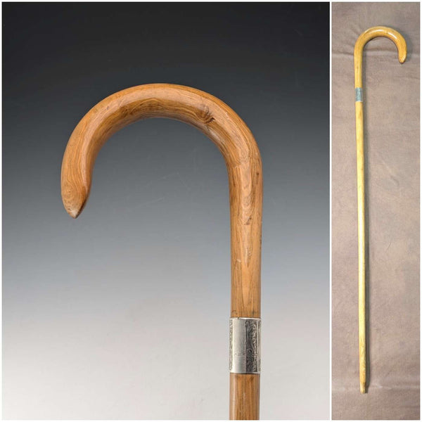 1923年 英国アンティーク タンシャフト 曲がりハンドル 純銀装飾 ステッキ 杖 91cm K&S