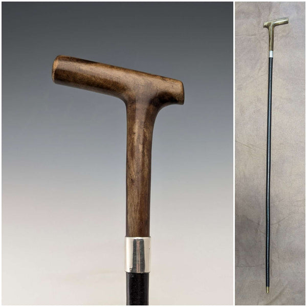 1883 British antique ladies clutch handle pure silver decorated walking stick 81cm