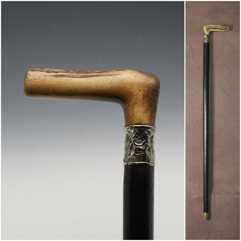 Bastón antiguo inglés de alrededor de 1900, mango de cornamenta con decoración de plata de ley, eje negro, 81 cm