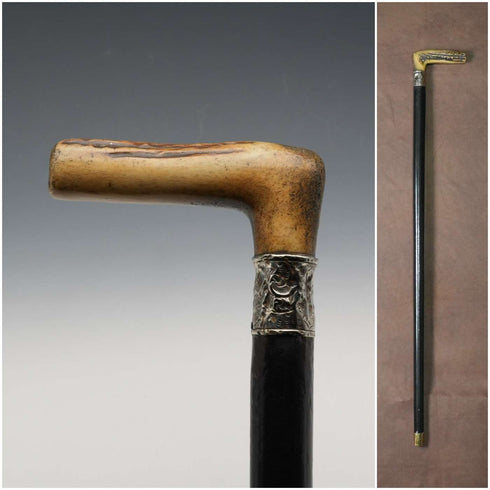 Circa 1900 British Antique Black Shaft Sterling Silver Mount Antler Handle Walking Stick Cane 81cm