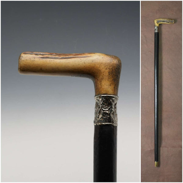 1900년경 영국 앤티크 블랙 샤프트 순은 장식 앤틀러 핸들 스테이키 지팡이 81cm