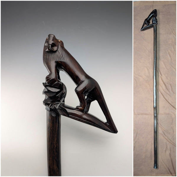 Vintage Extra-Thick Ebonized Shaft Lion Carved Handle Walking Stick 130cm