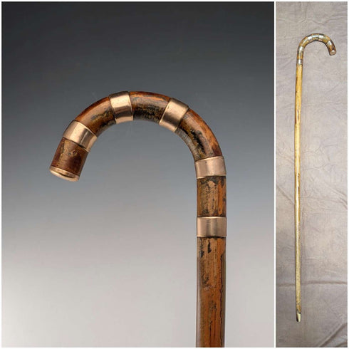 Vintage brown shaft, curved handle, nickel band embellishment, walking stick, 94cm