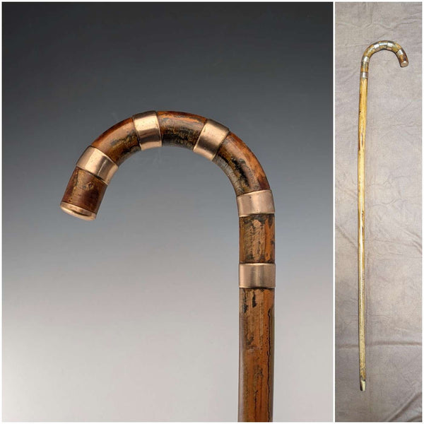 Vintage brown shaft, curved handle, nickel band embellishment, walking stick, 94cm