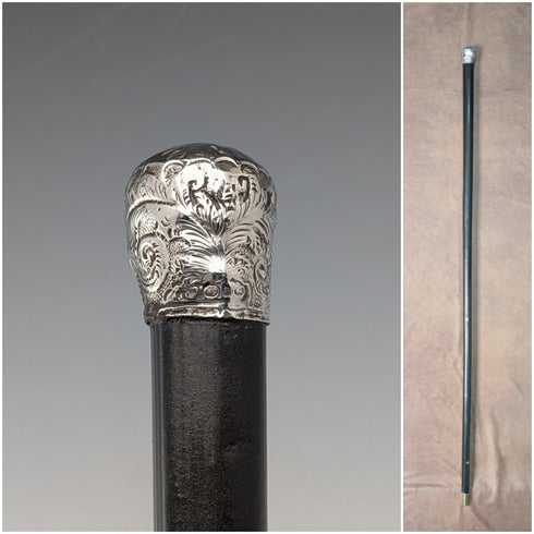 1889年 英国アンティーク ブラックシャフト 純銀製ロンデルハンドル 軽量ステッキ 杖 88cm