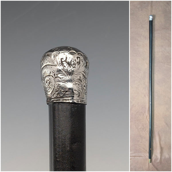1889 British antique black shaft sterling silver rondelle handle lightweight walking stick 88cm