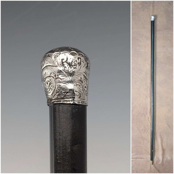 1889年 英国アンティーク ブラックシャフト 純銀製ロンデルハンドル 軽量ステッキ 杖 88cm