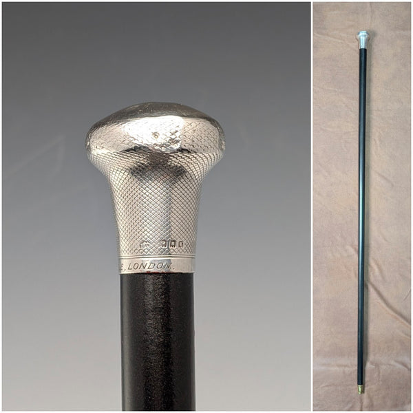 1921 Rikuni Antique Black Shaft Sterling Silver Rondelle Handle Walking Stick 91cm