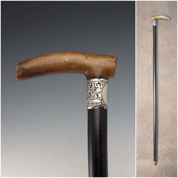 1897 British antique black shaft L-shaped horn handle pure silver decorated walking stick 84cm