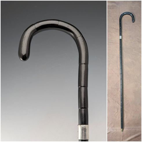1920s British antique black shaft curved handle pure silver decorated walking stick 91cm