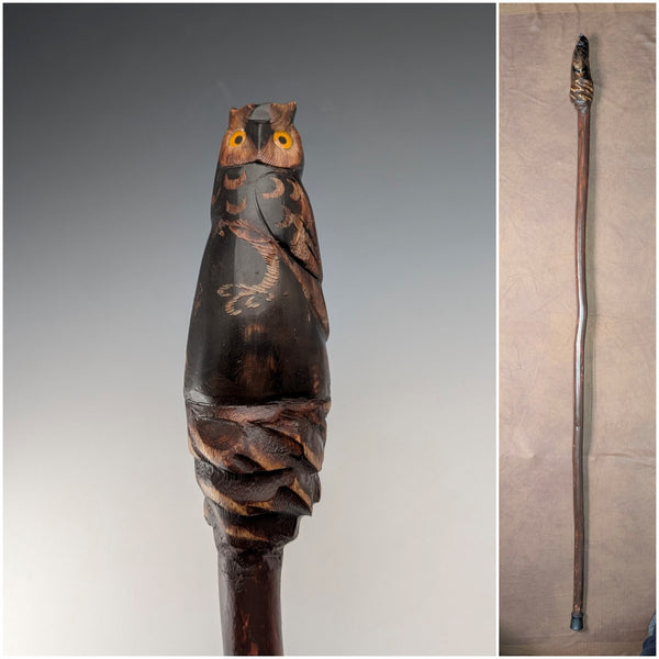 Vintage Natural Wood Hiking Stick with Owl Carving Handle, 129cm