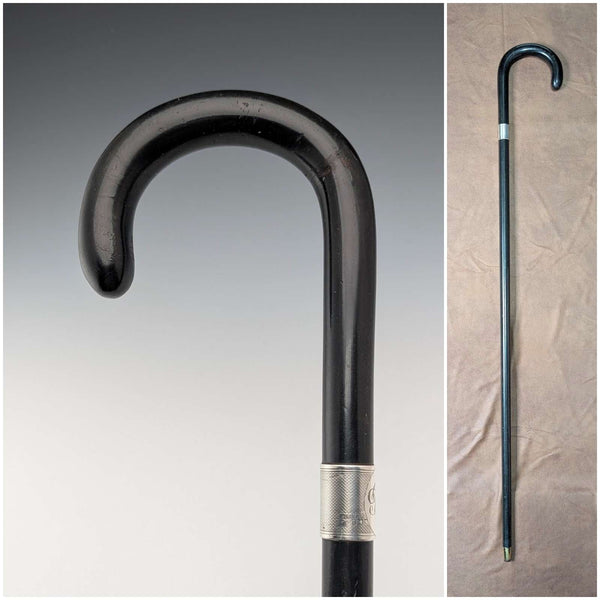 1937 British Vintage Gentleman's Bent Handle Sterling Silver Decorated Walking Stick 93cm Kendall & Sons