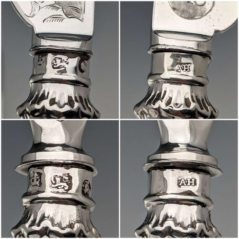 Circa 1830 British antique sterling silver handled fruit cutlery, 6 pairs, Aaron Hadfield, with tray