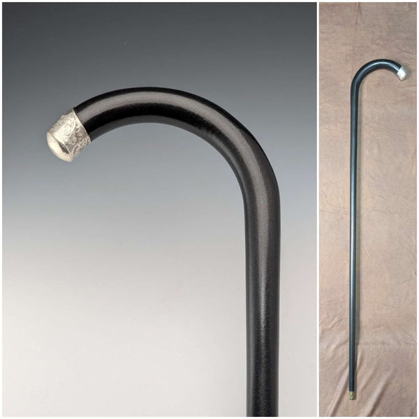 1923 British antique gentleman's curved handle pure silver decorated walking stick, 94cm, Kendall & Sons
