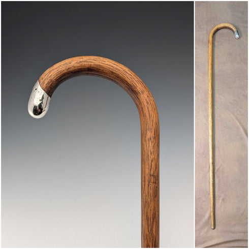 1919 British Antique Brown Shaft, Curved Handle, Pure Silver Decorated Lightweight Walking Stick, 82cm
