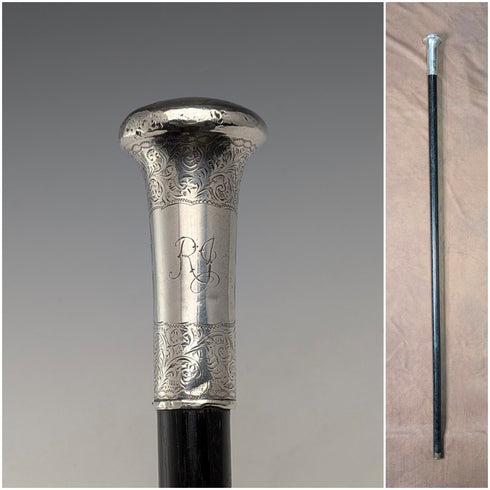 1906年 英国アンティーク 黒軸 純銀製 丸ハンドル ステッキ 杖 90cm W H Carrington