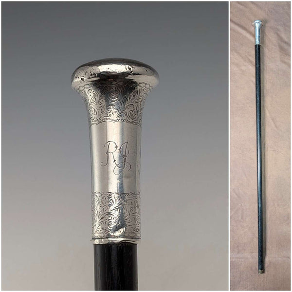 1906 British antique black shaft pure silver round handle walking stick 90cm WH Carrington