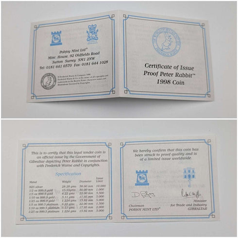 1998年 英國直布羅陀 克朗銀幣 「彼得兔」PobjoyMint 附盒、說明書