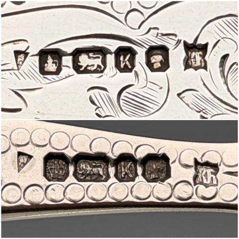 1877 British antique white mother-of-pearl handle, pure silver blade fish cutlery, 2 pairs, William Hutton & Sons