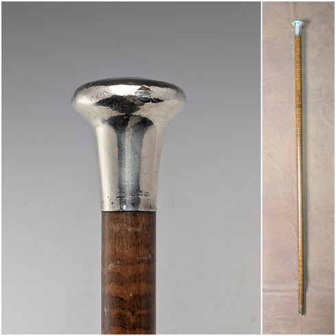 1917年 英国アンティーク タイガーシャフト 純銀製丸ハンドル ステッキ 杖 91cm