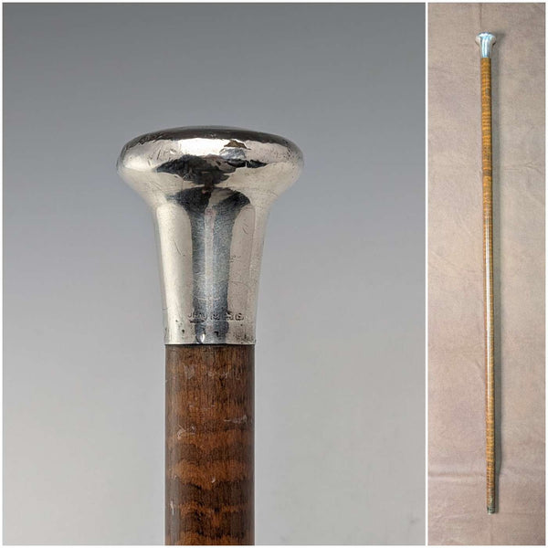 1917 British antique tiger shaft pure silver round handle walking stick 91cm