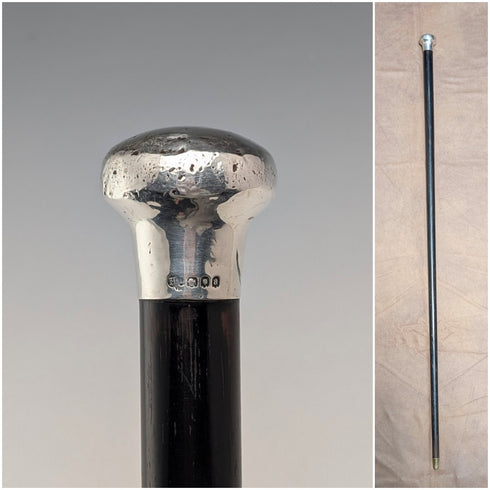1916 British Antique Black Shaft Sterling Silver Rondelle Handle Cane 87cm