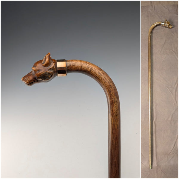 Vintage Tan Shaft Resin Dog Head Handle Gold Decorated Cane 90cm