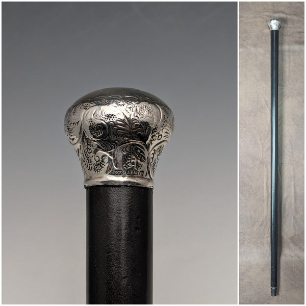 1913年 英国ヴィンテージ 紳士用ステッキ 純銀製 丸ハンドル 91cm ブラックシャフト