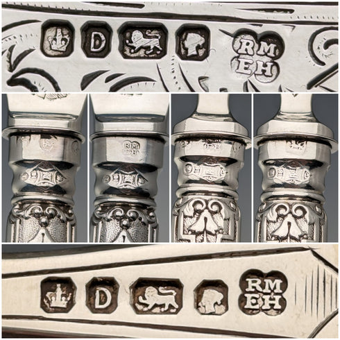 1871 British antique all-sterling silver fish cutlery set, 6 pairs, total weight 607g, Martin and Hall, wooden box