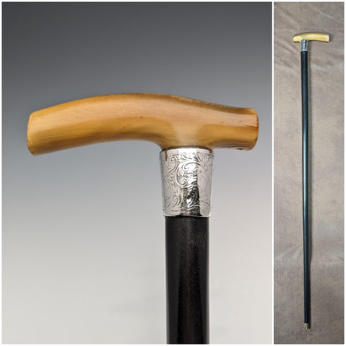 Antique Men's Walking Stick, Horn, Clutch Handle, Black Shaft, Pure Silver Decoration, 90cm