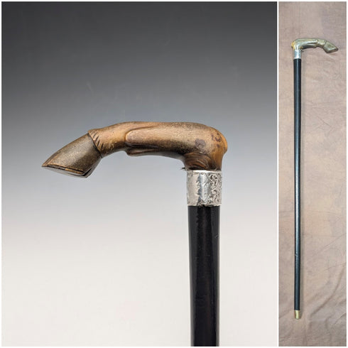 1899年 英国アンティーク 純銀装飾 L字ホーンハンドル ステッキ 杖 83cm