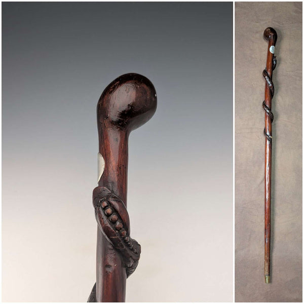 Vintage Snake Decorated Brown Shaft Knob Handle Walking Stick Cane 90cm