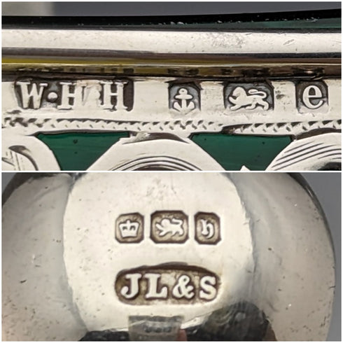 1904 年英國古董純銀和綠色玻璃鹽盤和勺子 William Hair Haseler