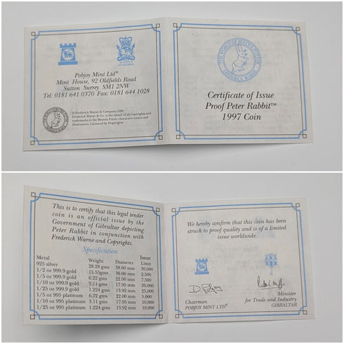 1997 Great Britain Gibraltar Crown Silver Coin "Peter Rabbit" Pobjoy Mint with Case and Certificate