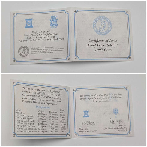 1997年 英国ジブラルタル クラウン銀貨 「ピーターラビット」PobjoyMint ケース・説明書付