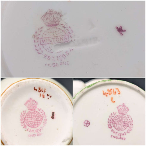 Early 20th Century Minton (England) Cockatoo Green Demitasse Cups & Saucers, 4-piece Set & Cream Jug