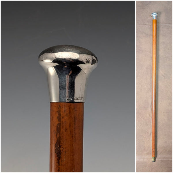 1924 British antique tan shaft sterling silver rondelle handle walking stick 91cm