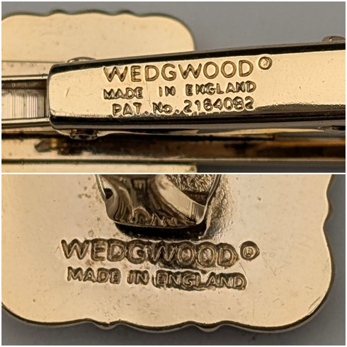 British Wedgwood cufflinks and tie clip with black jasper sailing ship square cameo and gold-colored base case