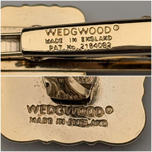 British Wedgwood cufflinks and tie clip with black jasper sailing ship square cameo and gold-colored base case