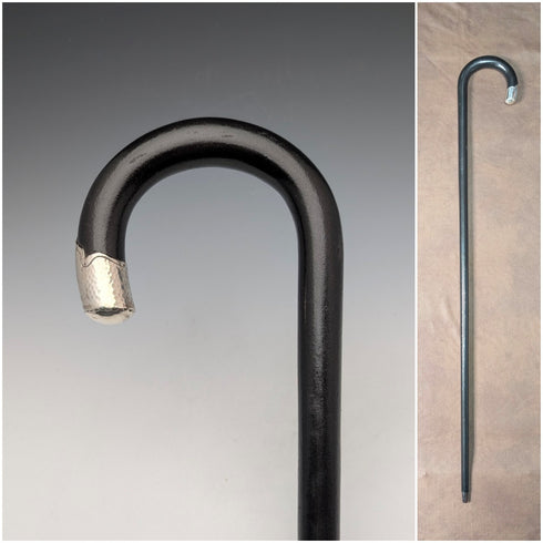 1935年 英国ヴィンテージ ブラックシャフト 曲がりハンドル 純銀装飾 ステッキ 杖 91cm