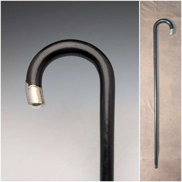 1935 British vintage black shaft curved handle sterling silver decorated walking stick 91cm