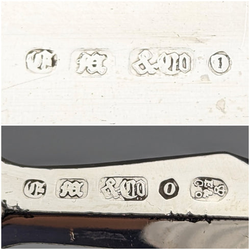 英国アンティーク 彫刻白蝶貝ハンドル デザートカトラリー6ペアセット Elkington & Mason