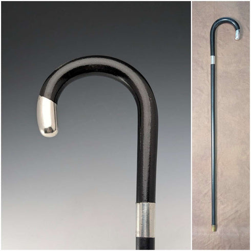 1920 British antique black shaft curved handle pure silver decorated walking stick 84cm