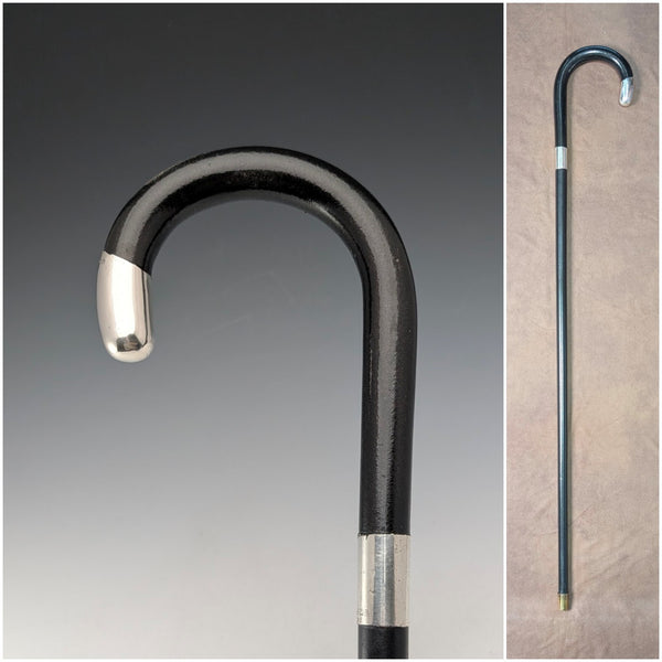 1920 British antique black shaft curved handle pure silver decorated walking stick 84cm