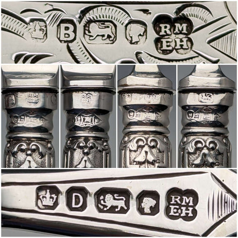 1871年 英国アンティーク 総純銀製 フィッシュカトラリーセット 6ペア 計608g Martin and Hall トレー入り