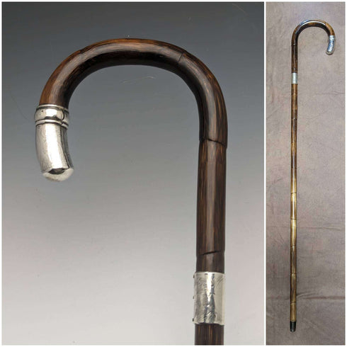1919 British Antique Gentleman's Thin Lightweight Walking Stick with Curved Handle 91cm
