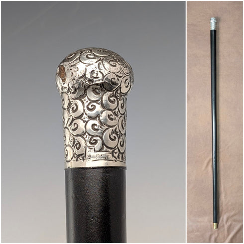 1910 British antique black shaft sterling silver rondelle handle walking stick 84cm