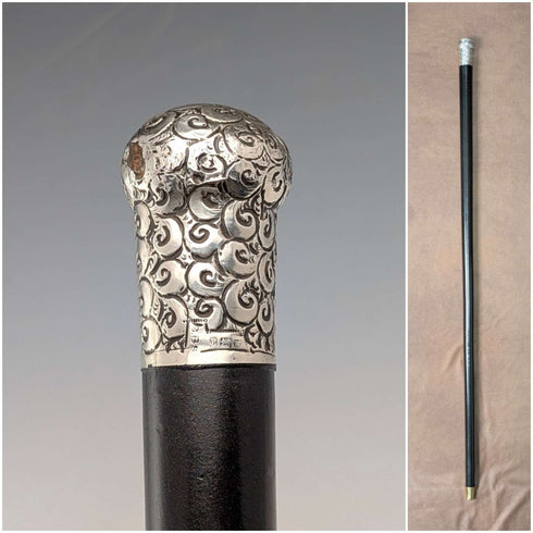 1910 British antique black shaft sterling silver rondelle handle walking stick 84cm